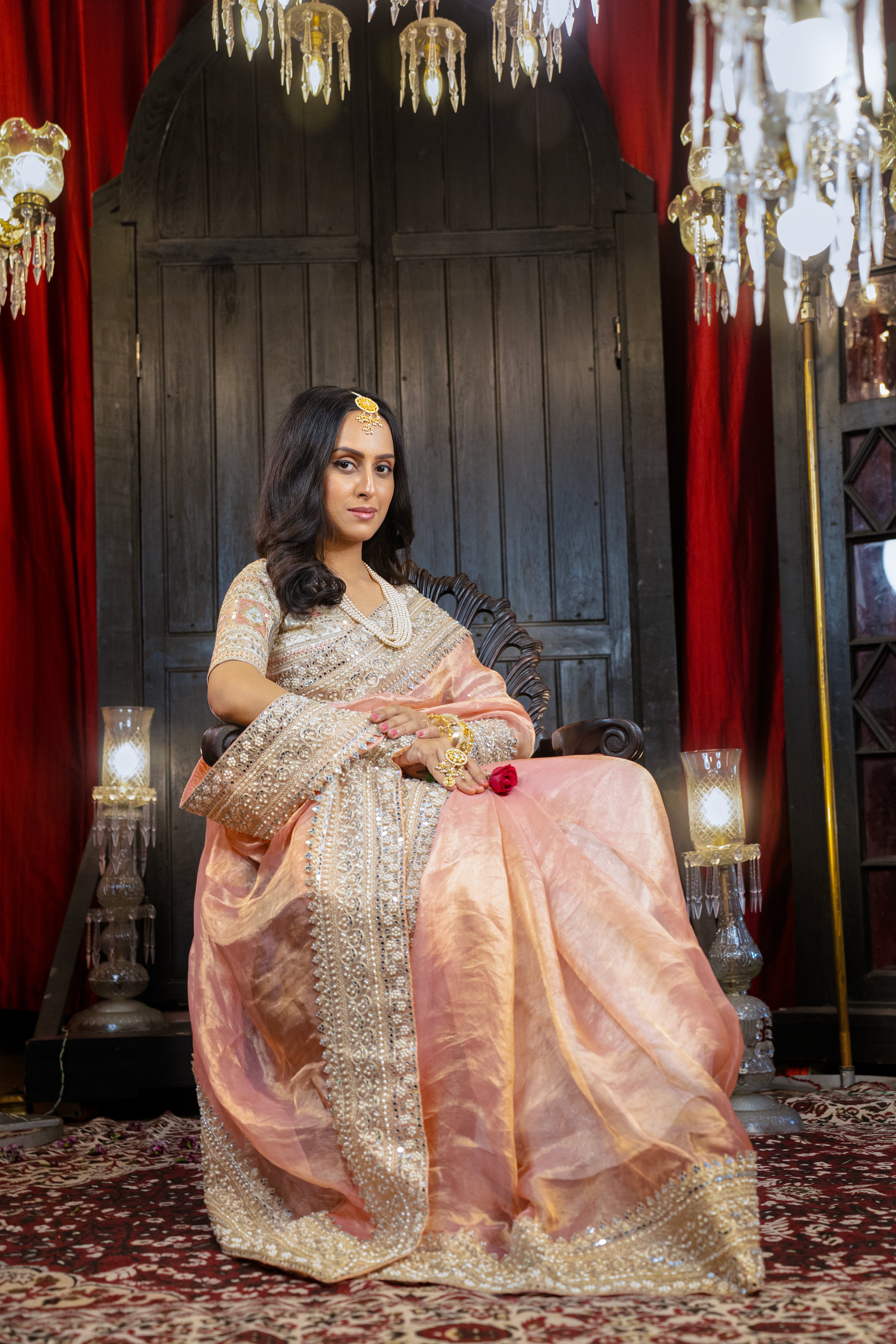 Cherry Blossom: Pink Pure Silk Tissue Saree | Intricate work Gold Raw Silk Blouse
