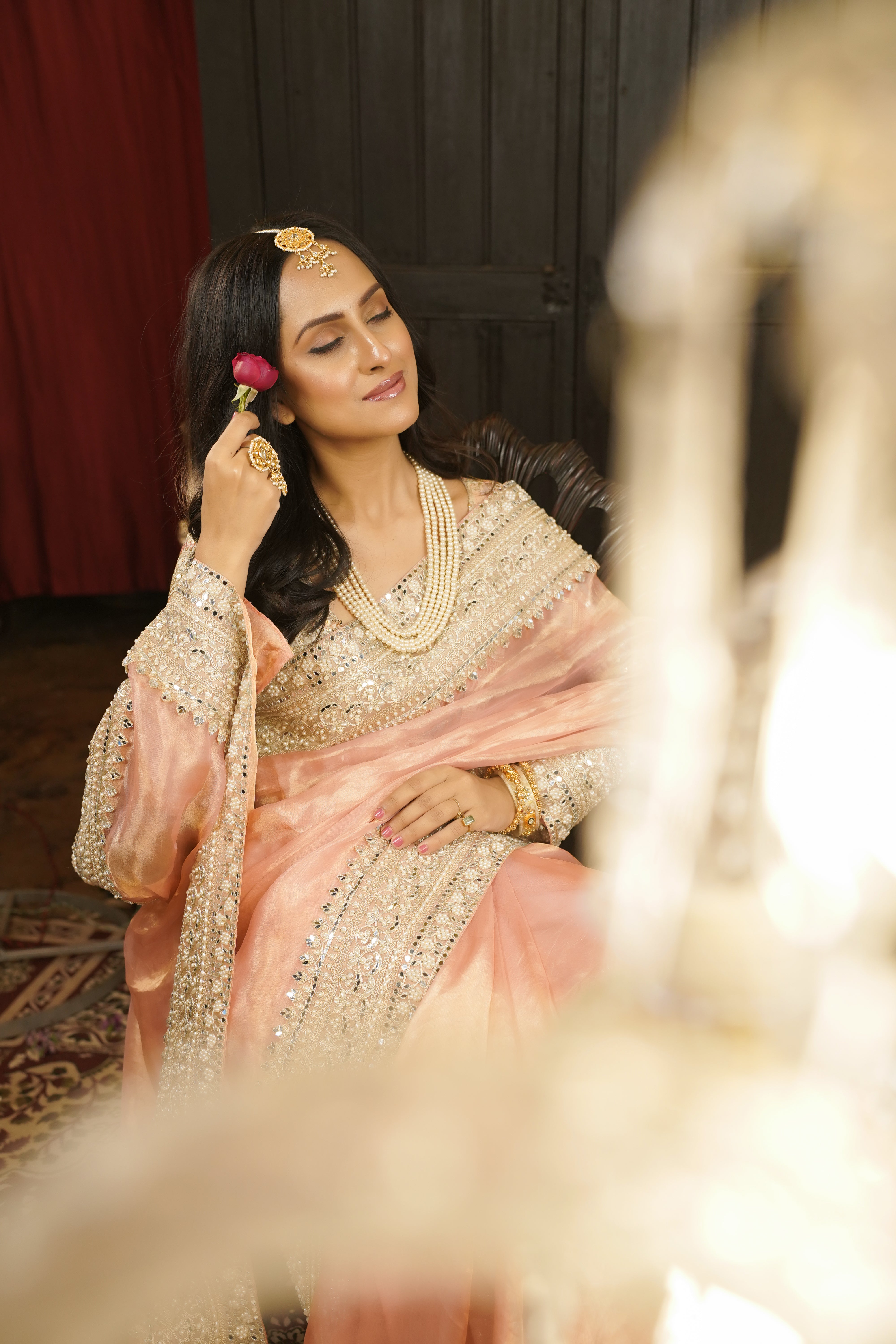 Cherry Blossom: Pink Pure Silk Tissue Saree | Intricate work Gold Raw Silk Blouse