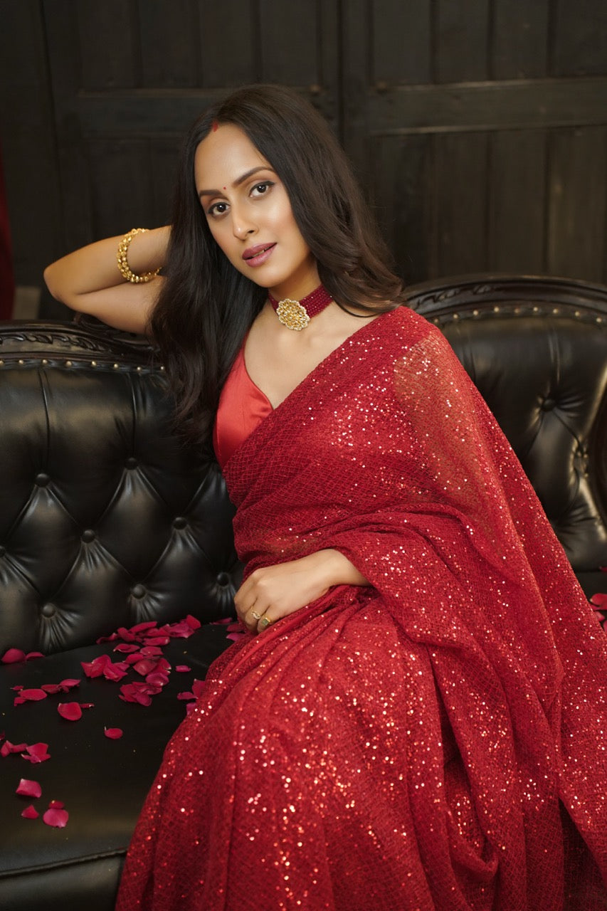 Carolina: Red Net Saree | Red Satin Blouse