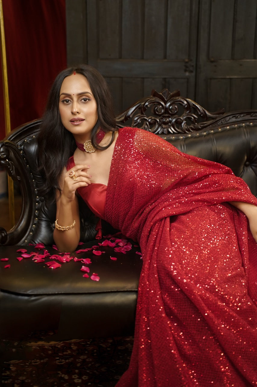 Carolina: Red Net Saree | Red Satin Blouse