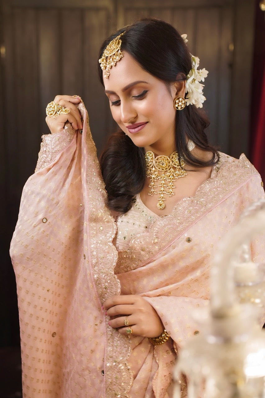 Pink Dust: Pink Jute Jacquard with handwork | Modal Satin Blouse with Handwork