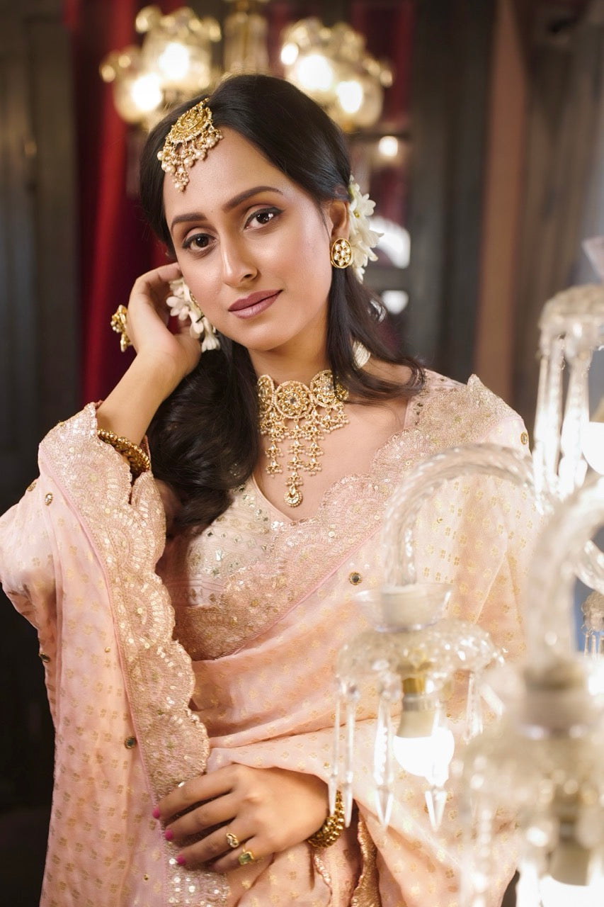 Pink Dust: Pink Jute Jacquard with handwork | Modal Satin Blouse with Handwork