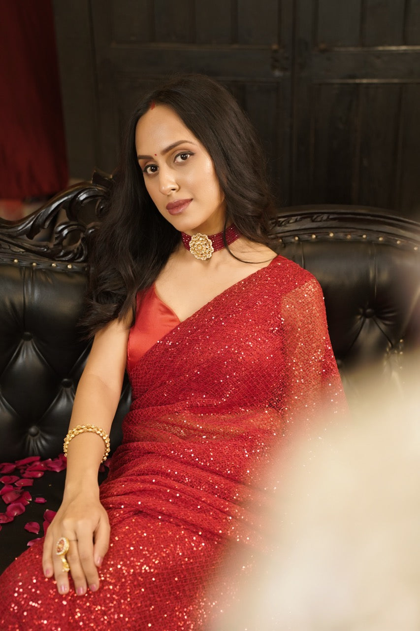 Carolina: Red Net Saree | Red Satin Blouse