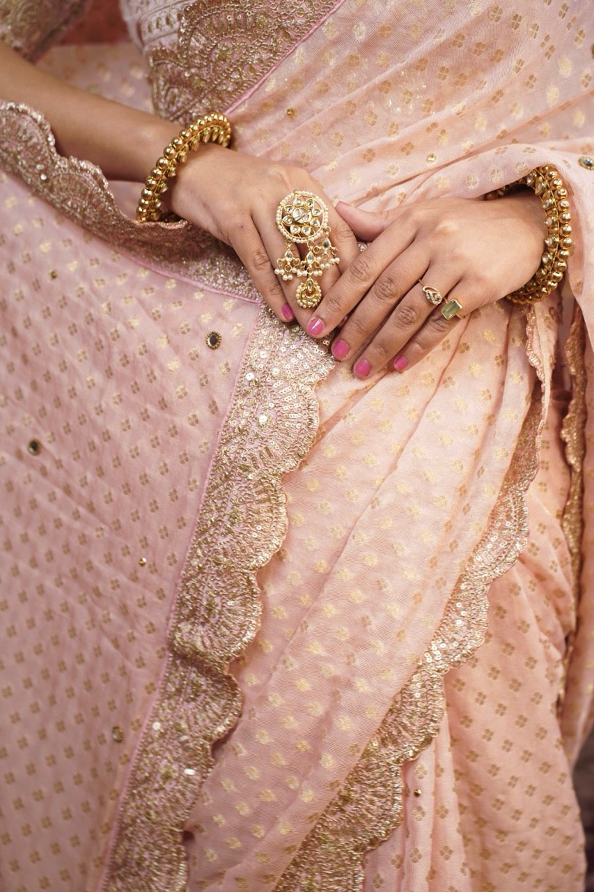 Pink Dust: Pink Jute Jacquard with handwork | Modal Satin Blouse with Handwork
