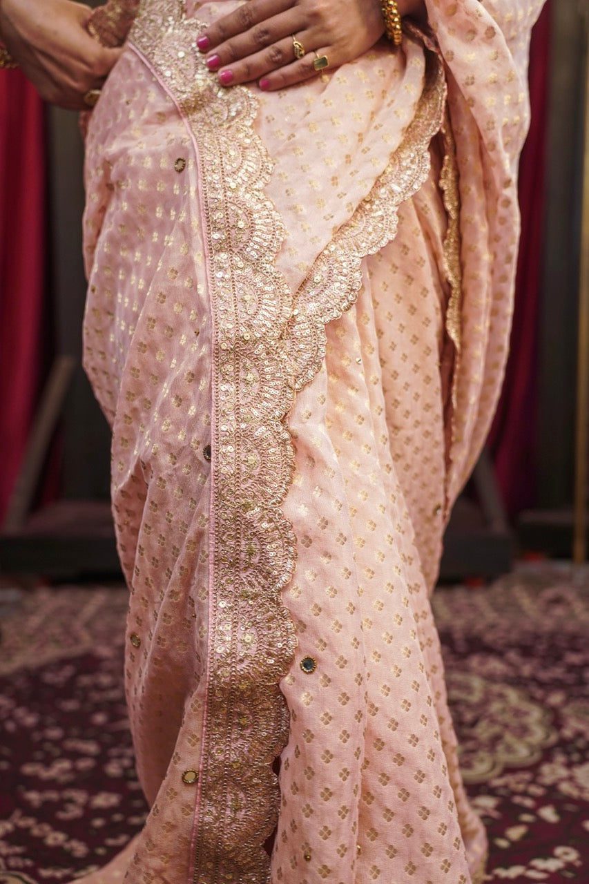 Pink Dust: Pink Jute Jacquard with handwork | Modal Satin Blouse with Handwork