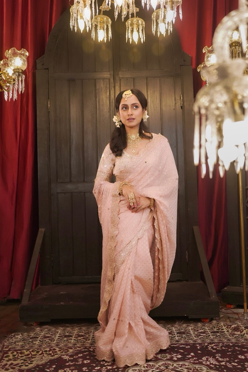 Pink Dust: Pink Jute Jacquard with handwork | Modal Satin Blouse with Handwork