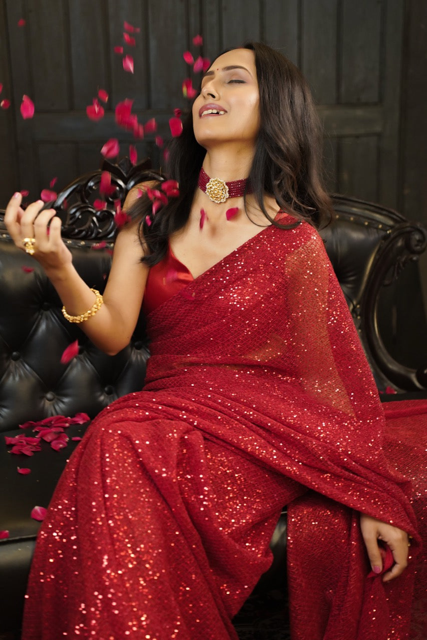 Carolina: Red Net Saree | Red Satin Blouse, image size:853x1280