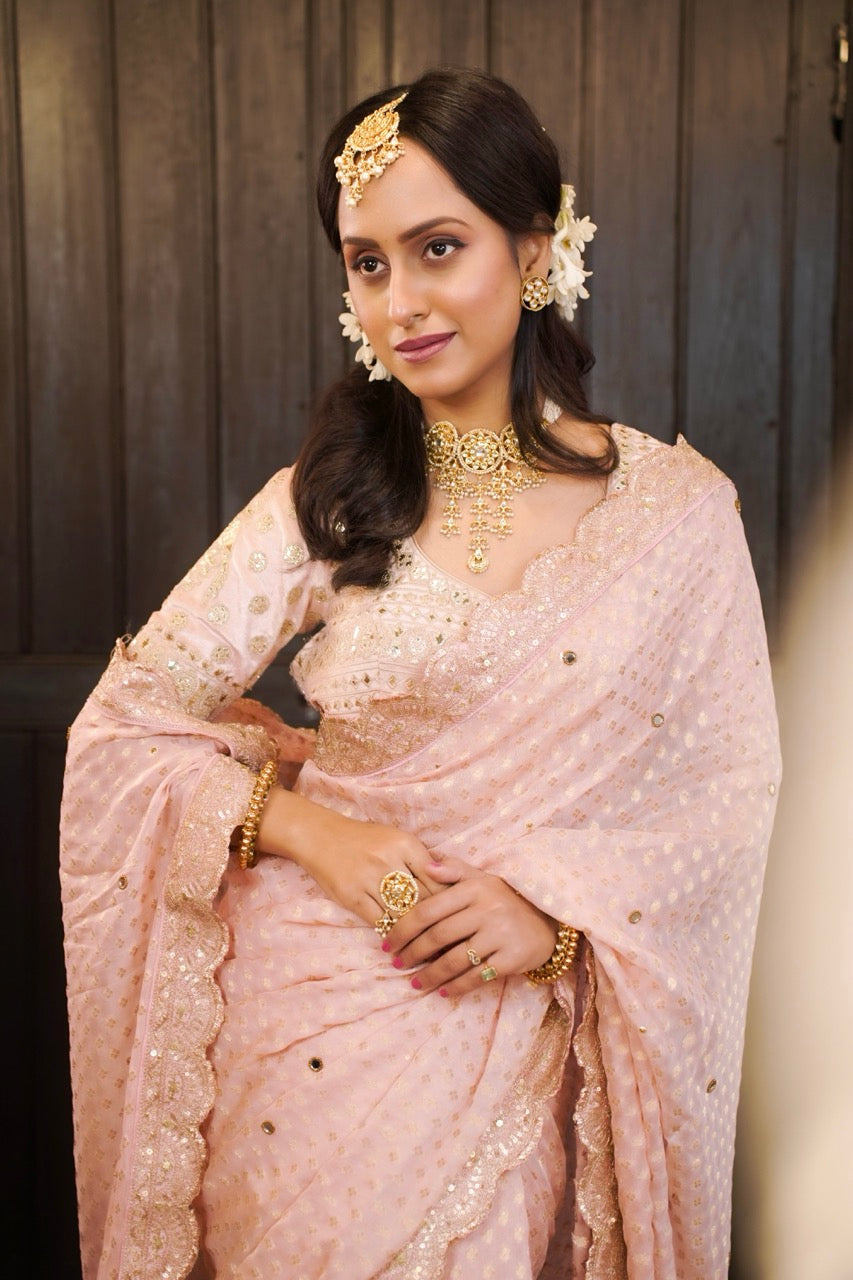 Pink Dust: Pink Jute Jacquard with handwork | Modal Satin Blouse with Handwork