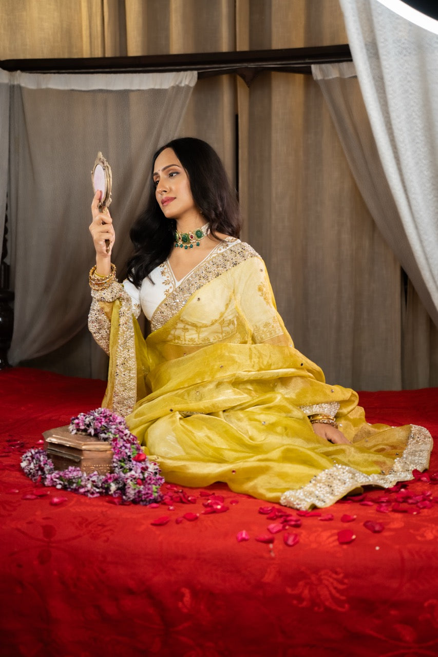 Meadow: Green Pure Silk Tissue With Handwork | Pink Brocade