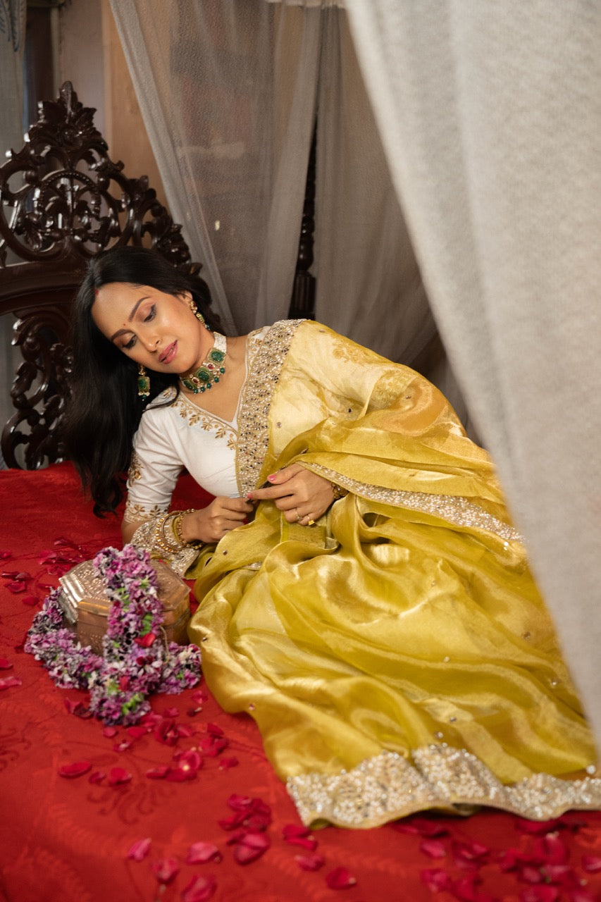 Meadow: Green Pure Silk Tissue With Handwork | Pink Brocade