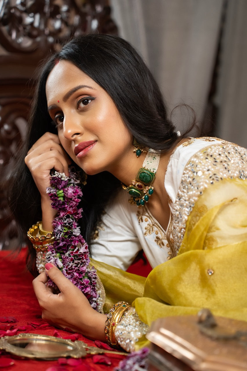 Meadow: Green Pure Silk Tissue With Handwork | Pink Brocade