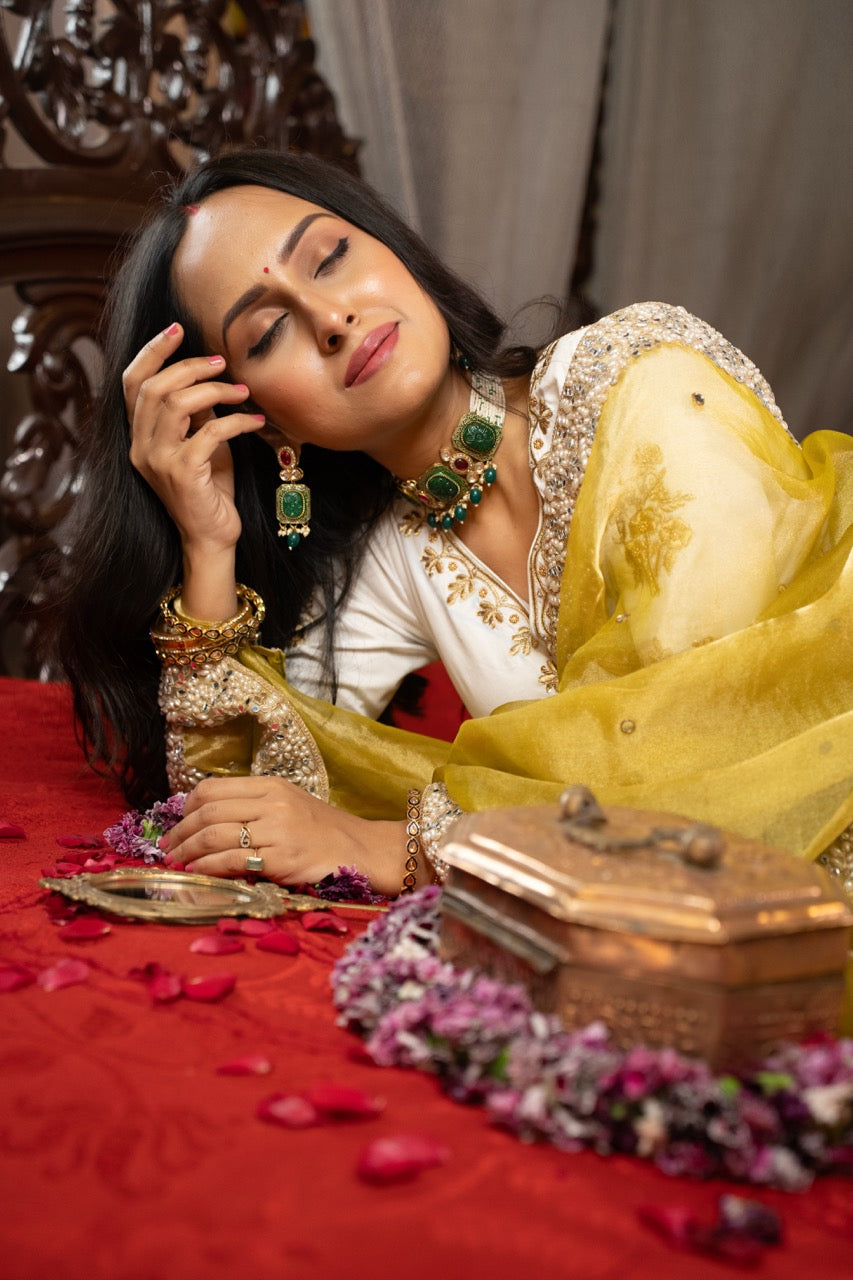 Meadow: Green Pure Silk Tissue With Handwork | Pink Brocade