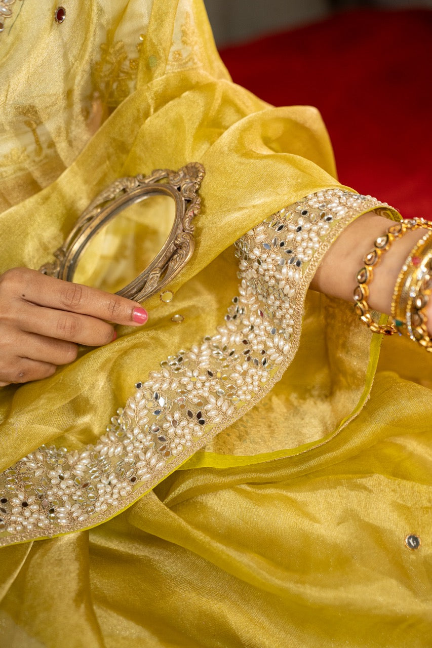 Meadow: Green Pure Silk Tissue With Handwork | Pink Brocade