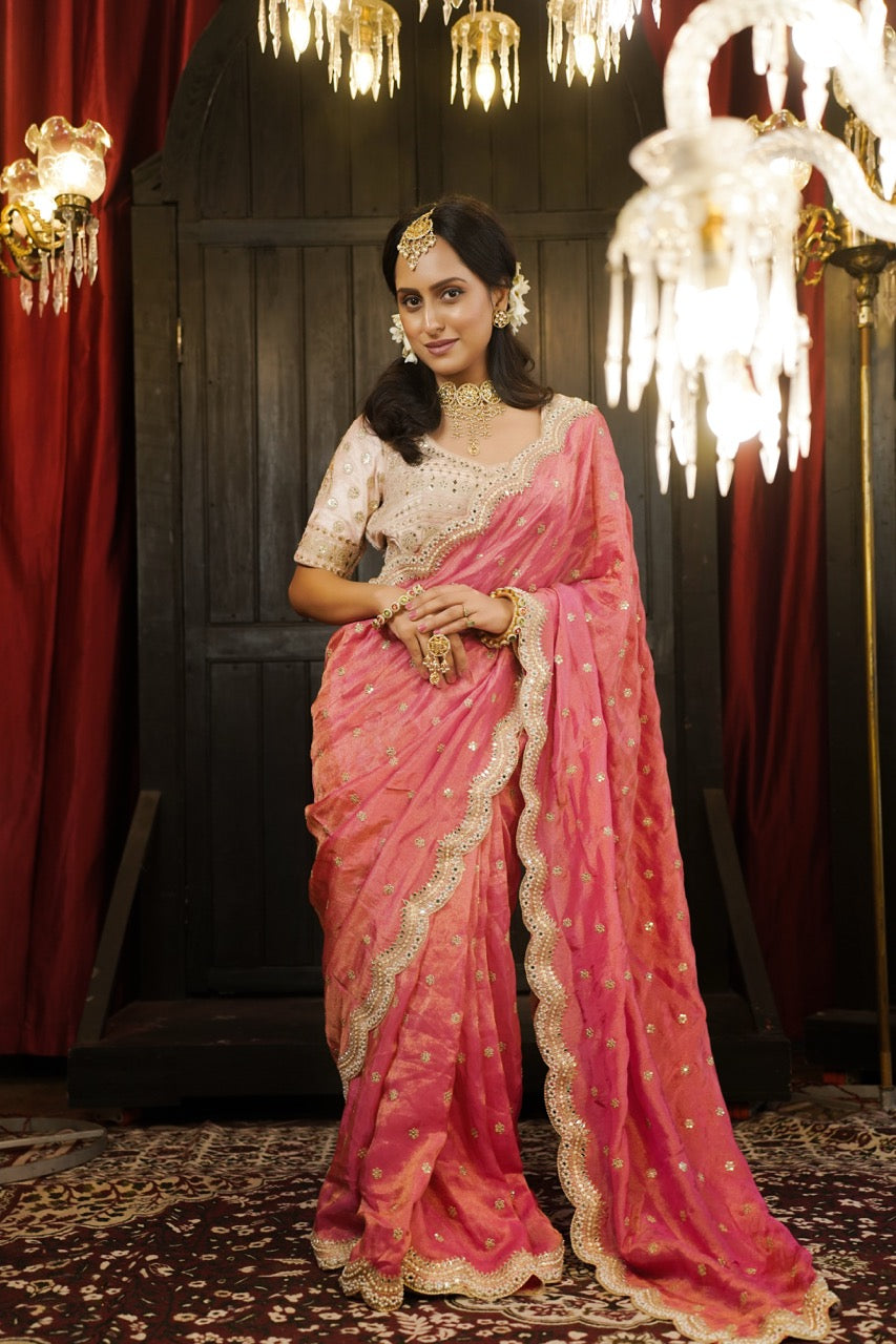First Love: Pink Tissue Saree | Raw Silk Heavy Work Blouse