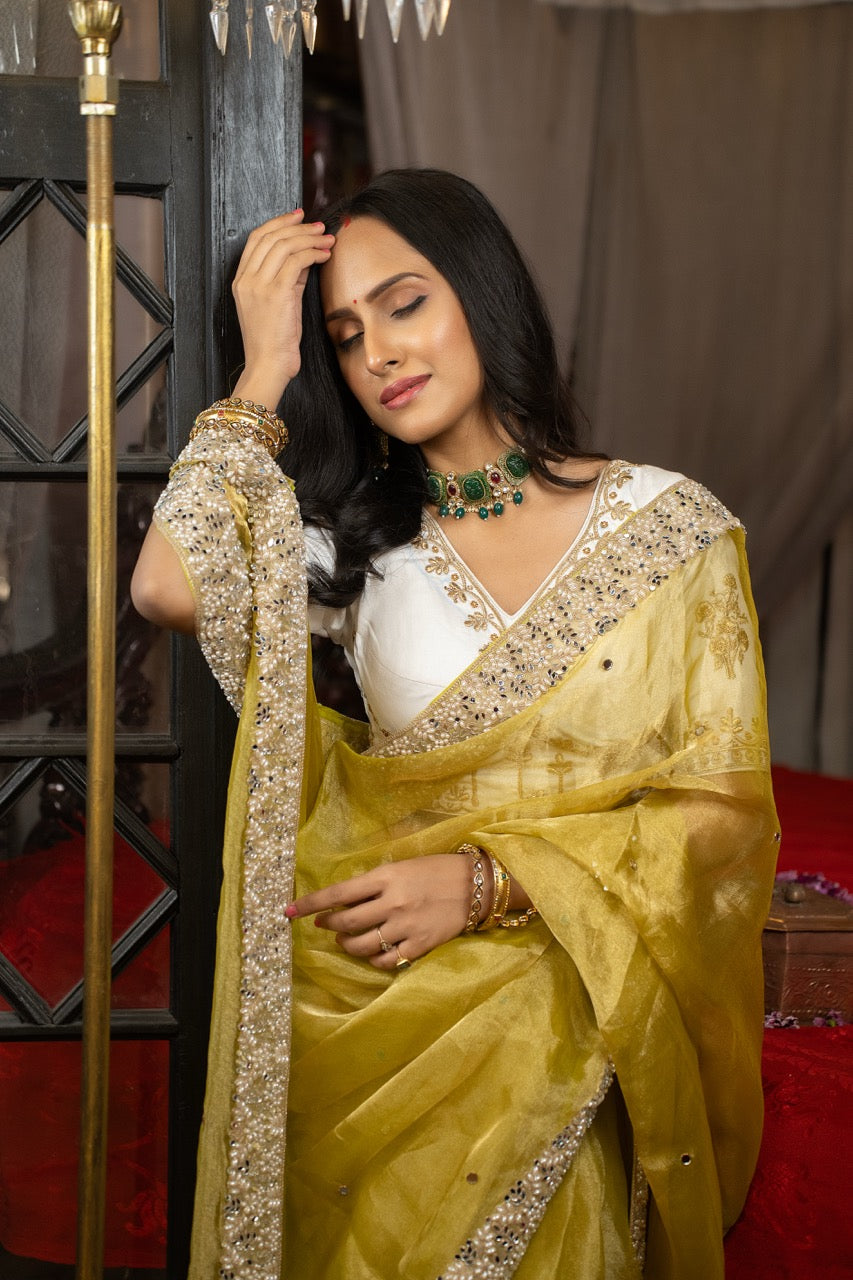 Meadow: Green Pure Silk Tissue With Handwork | Pink Brocade