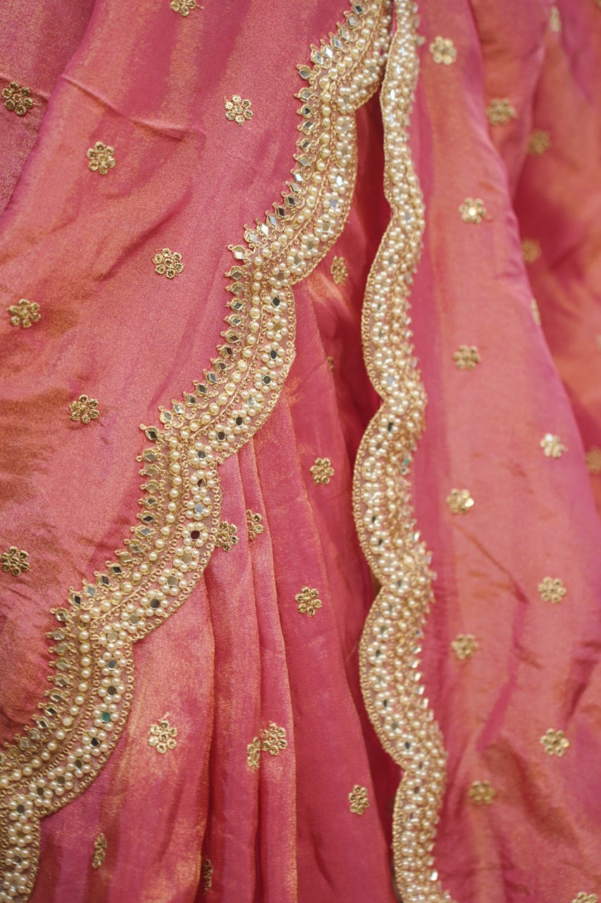 First Love: Pink Tissue Saree | Raw Silk Heavy Work Blouse