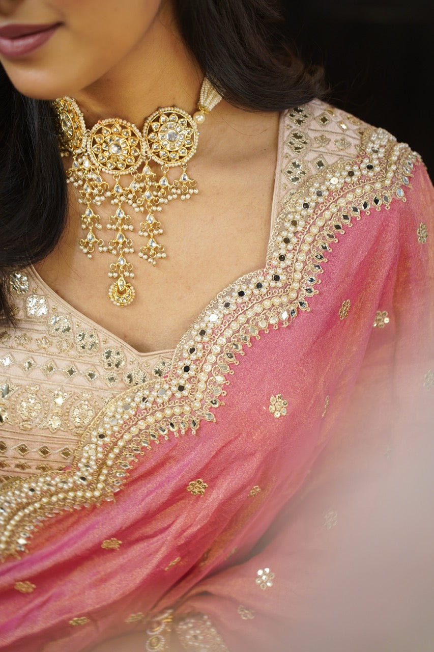 First Love: Pink Tissue Saree | Raw Silk Heavy Work Blouse