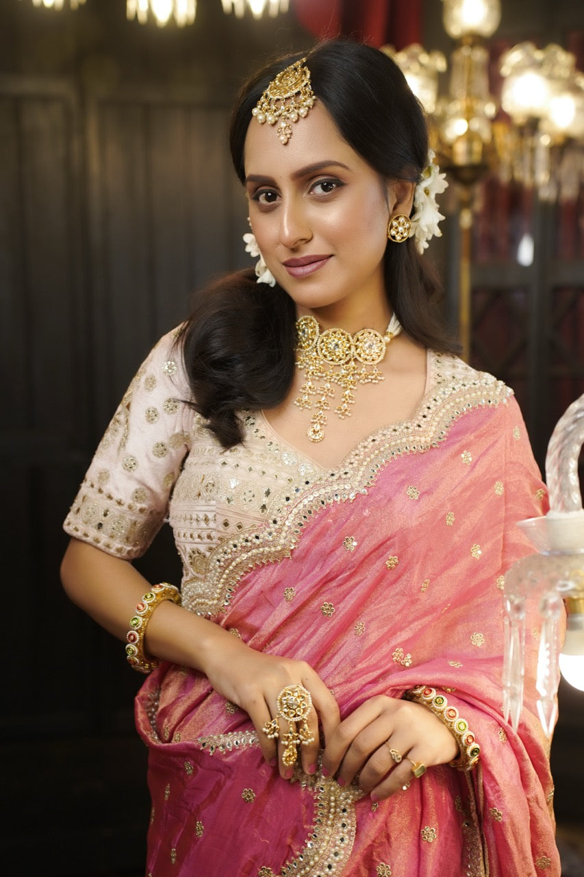 First Love: Pink Tissue Saree | Raw Silk Heavy Work Blouse