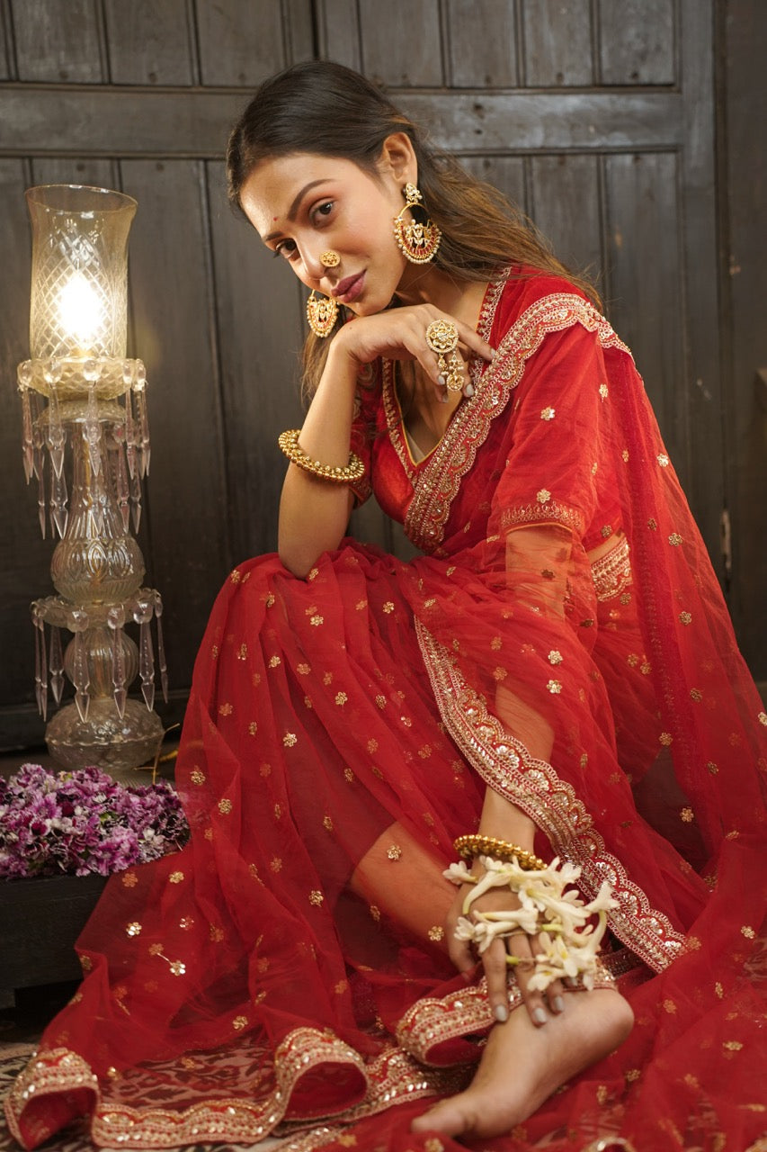 Amor: Red Softnet Saree | Red Brocade Blouse