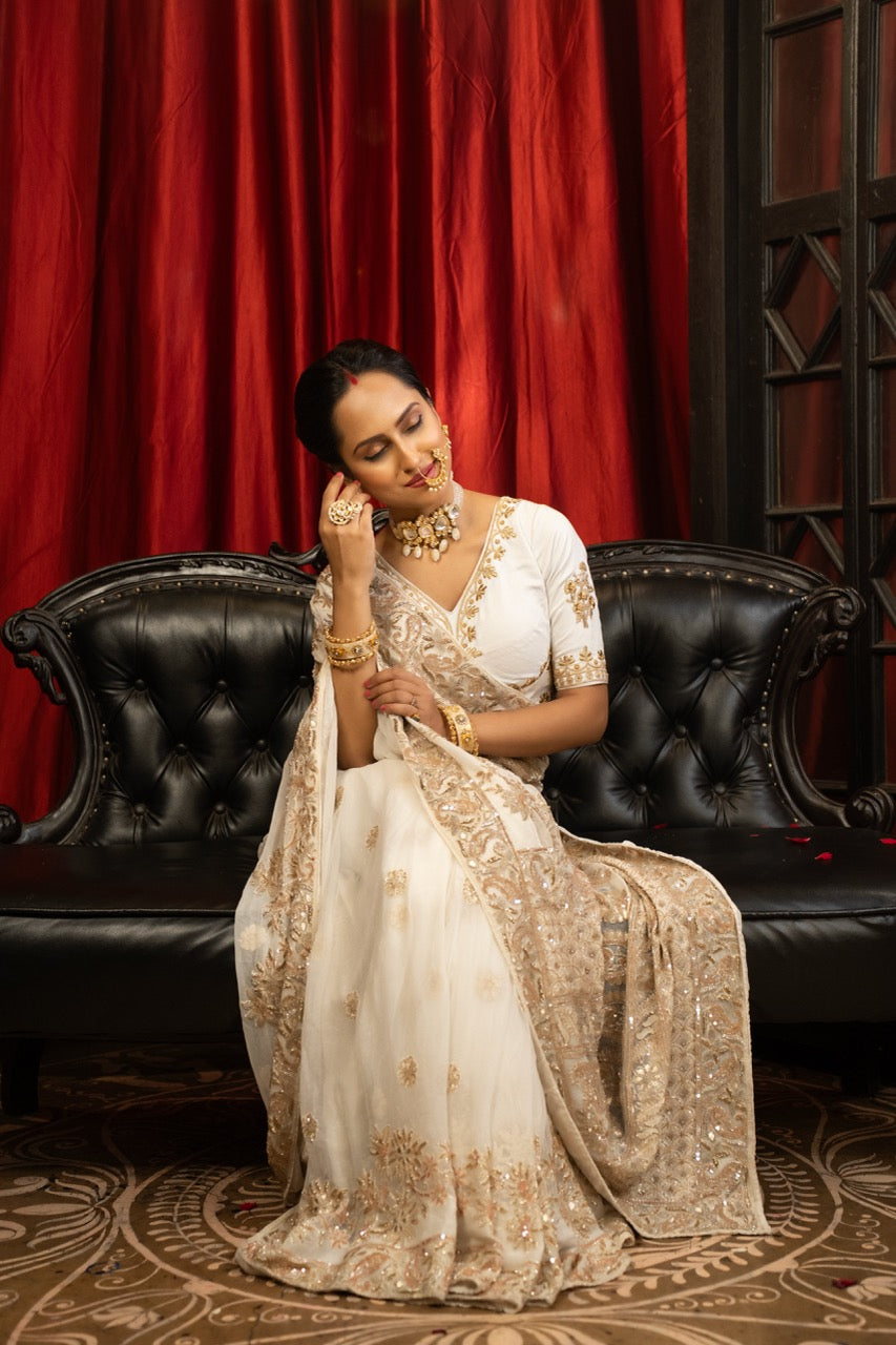Rashq E Qamar: Off White Pure Chikankari Saree with Extensive Intricate Handwork | Self Handwork Blouse