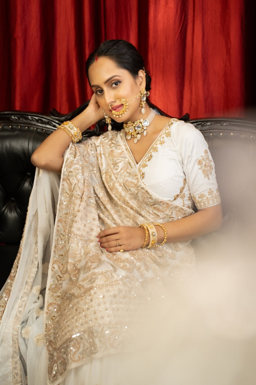 Rashq E Qamar: Off White Pure Chikankari Saree with Extensive Intricate Handwork | Self Handwork Blouse