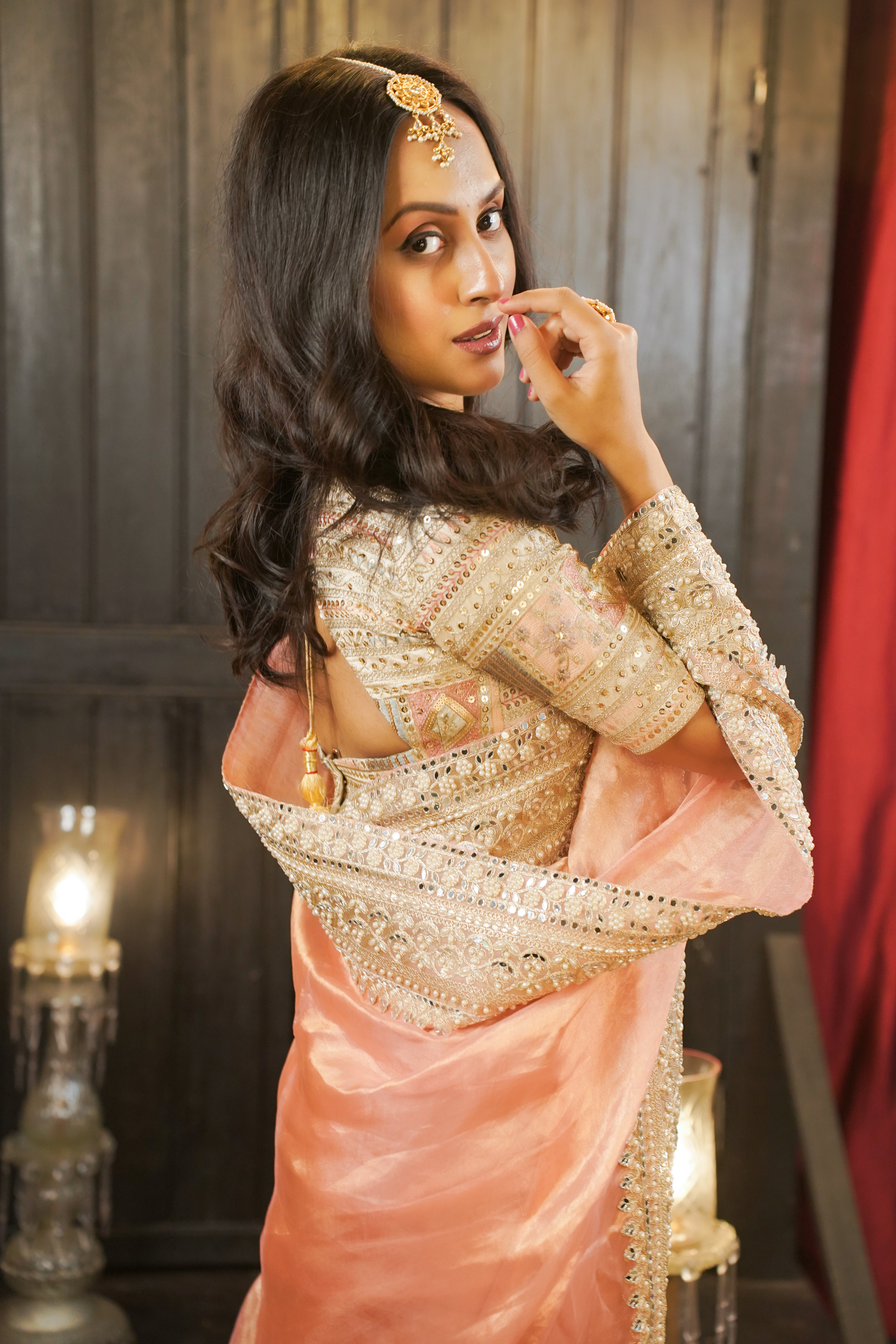 Cherry Blossom: Pink Pure Silk Tissue Saree | Intricate work Gold Raw Silk Blouse