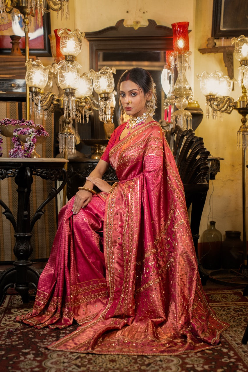MALHAAR: PINK PURE SILK KANJEEVARAM SAREE WITH HANDWORK ON SAREE AND BLOUSE