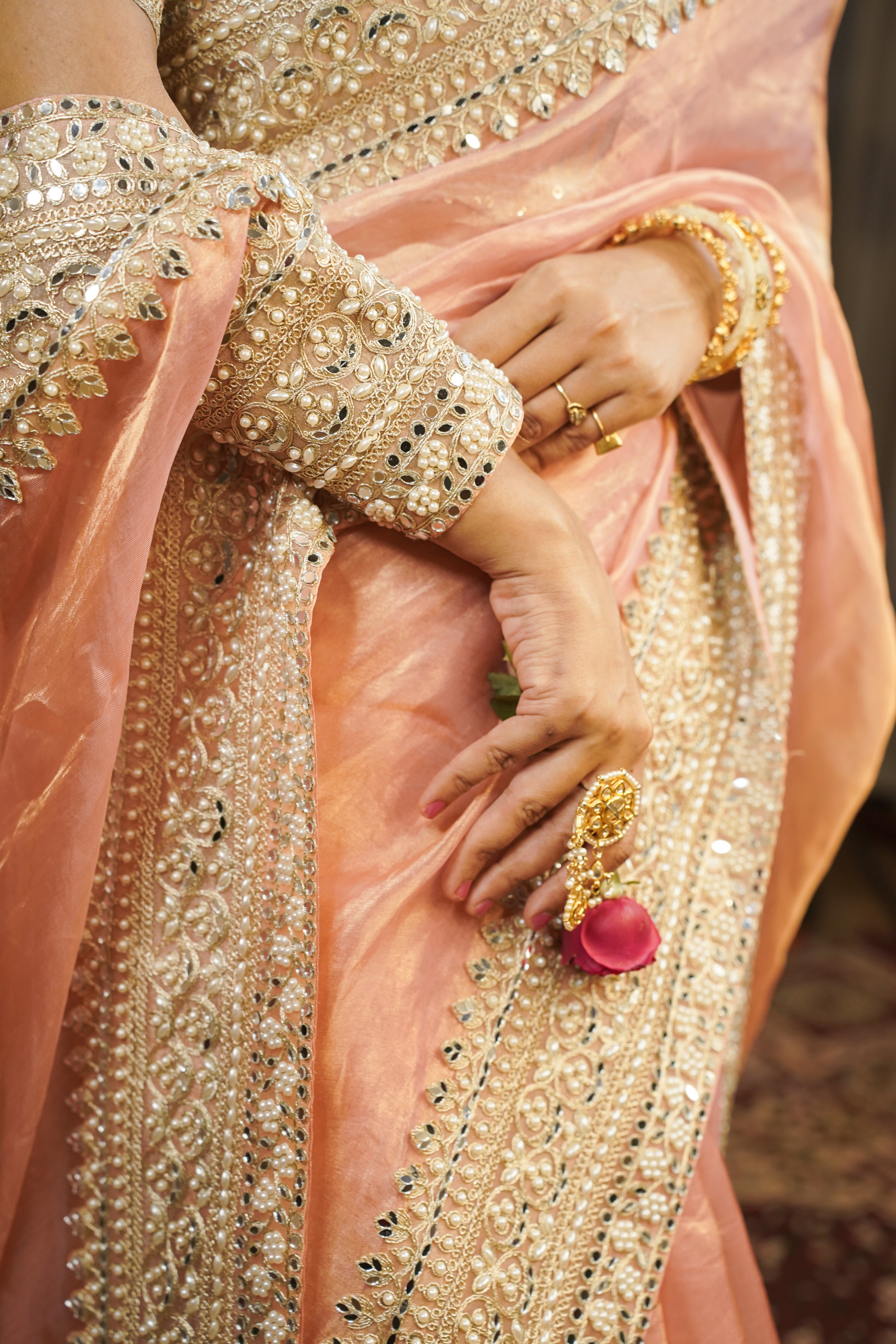 Cherry Blossom: Pink Pure Silk Tissue Saree | Intricate work Gold Raw Silk Blouse