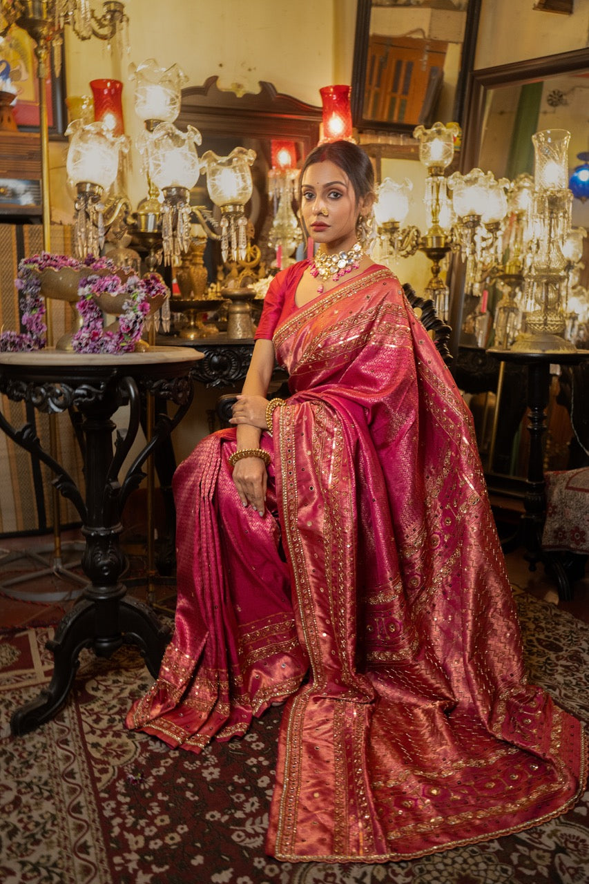 MALHAAR: PINK PURE SILK KANJEEVARAM SAREE WITH HANDWORK ON SAREE AND BLOUSE