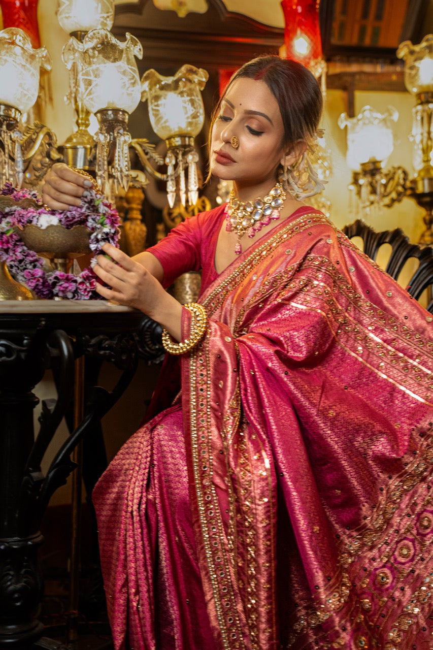 MALHAAR: PINK PURE SILK KANJEEVARAM SAREE WITH HANDWORK ON SAREE AND BLOUSE