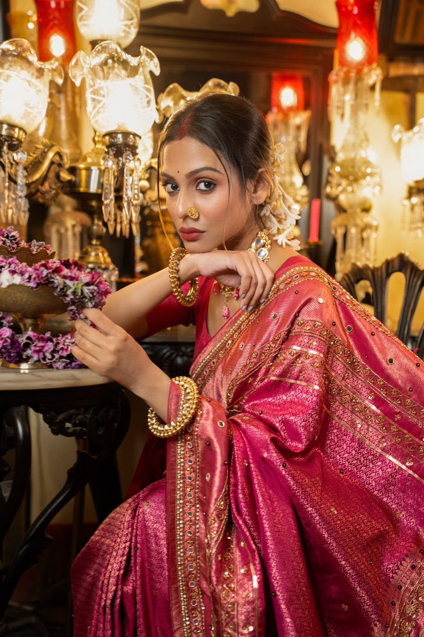 MALHAAR: PINK PURE SILK KANJEEVARAM SAREE WITH HANDWORK ON SAREE AND BLOUSE