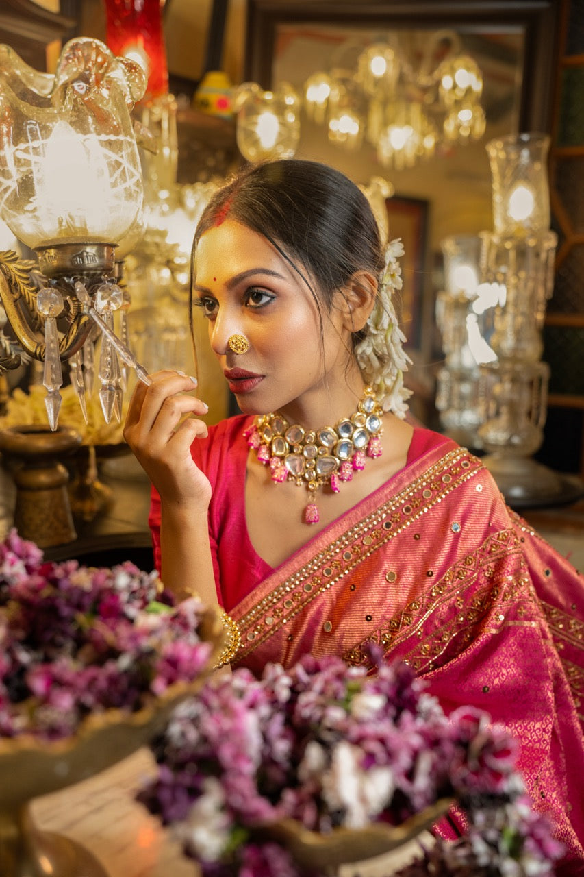 MALHAAR: PINK PURE SILK KANJEEVARAM SAREE WITH HANDWORK ON SAREE AND BLOUSE