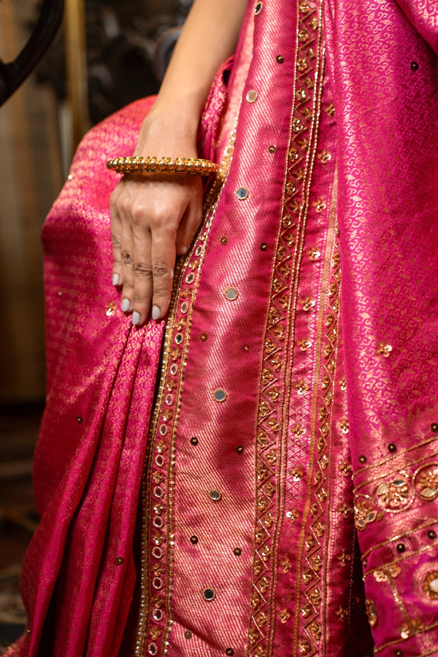 MALHAAR: PINK PURE SILK KANJEEVARAM SAREE WITH HANDWORK ON SAREE AND BLOUSE