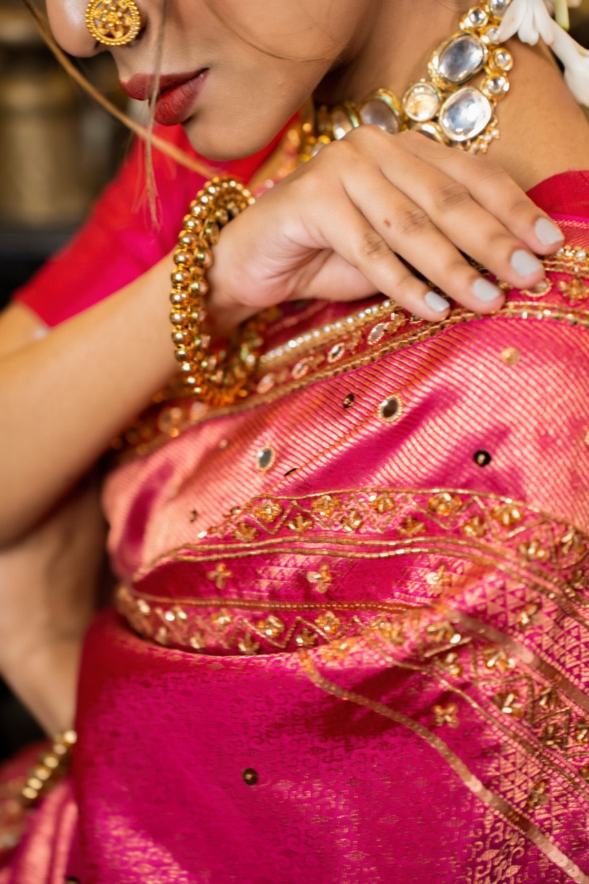 MALHAAR: PINK PURE SILK KANJEEVARAM SAREE WITH HANDWORK ON SAREE AND BLOUSE