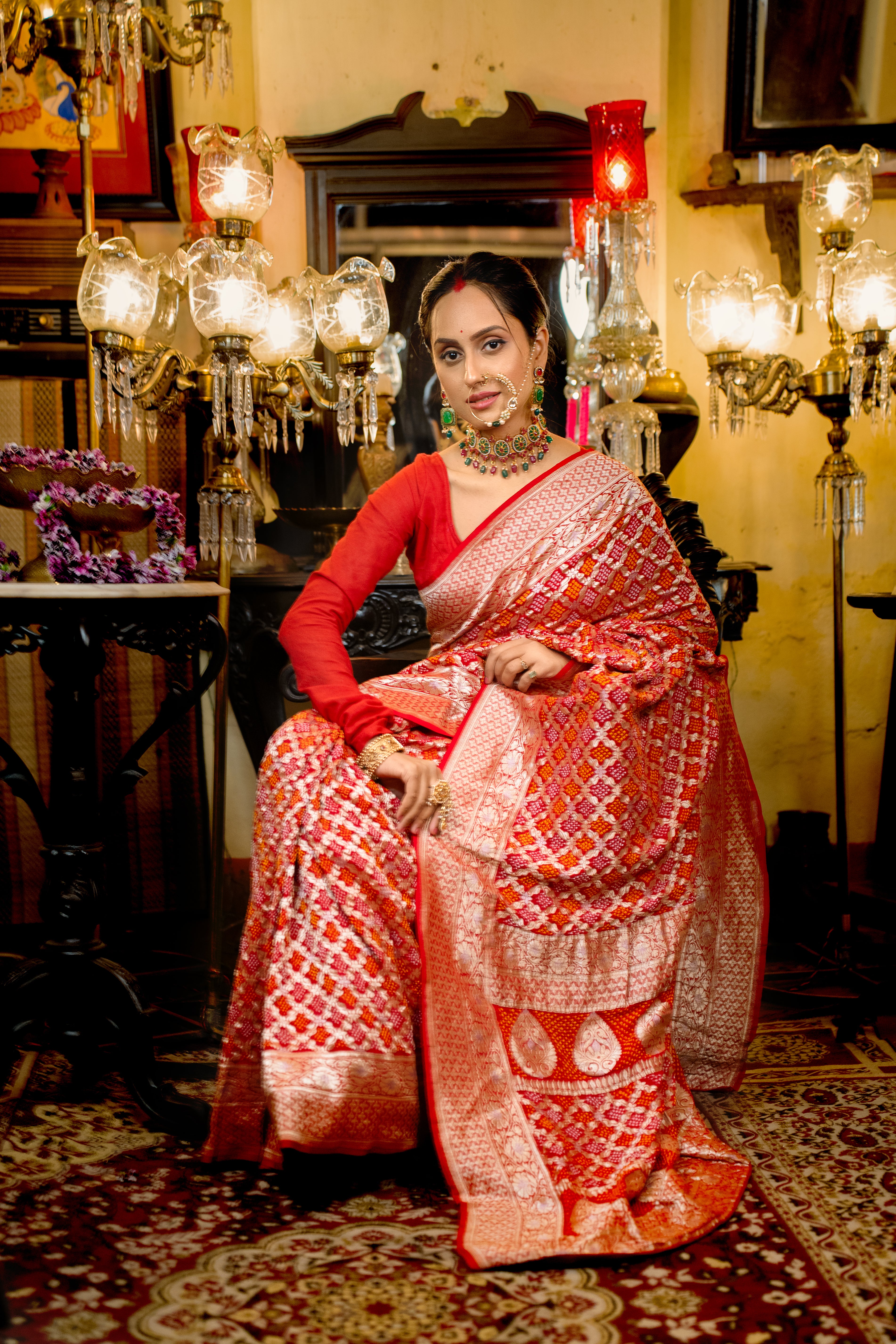 Yaman: Red Pure Gajji Silk Bandhani with Kadwa Zari | Self with Handwork
