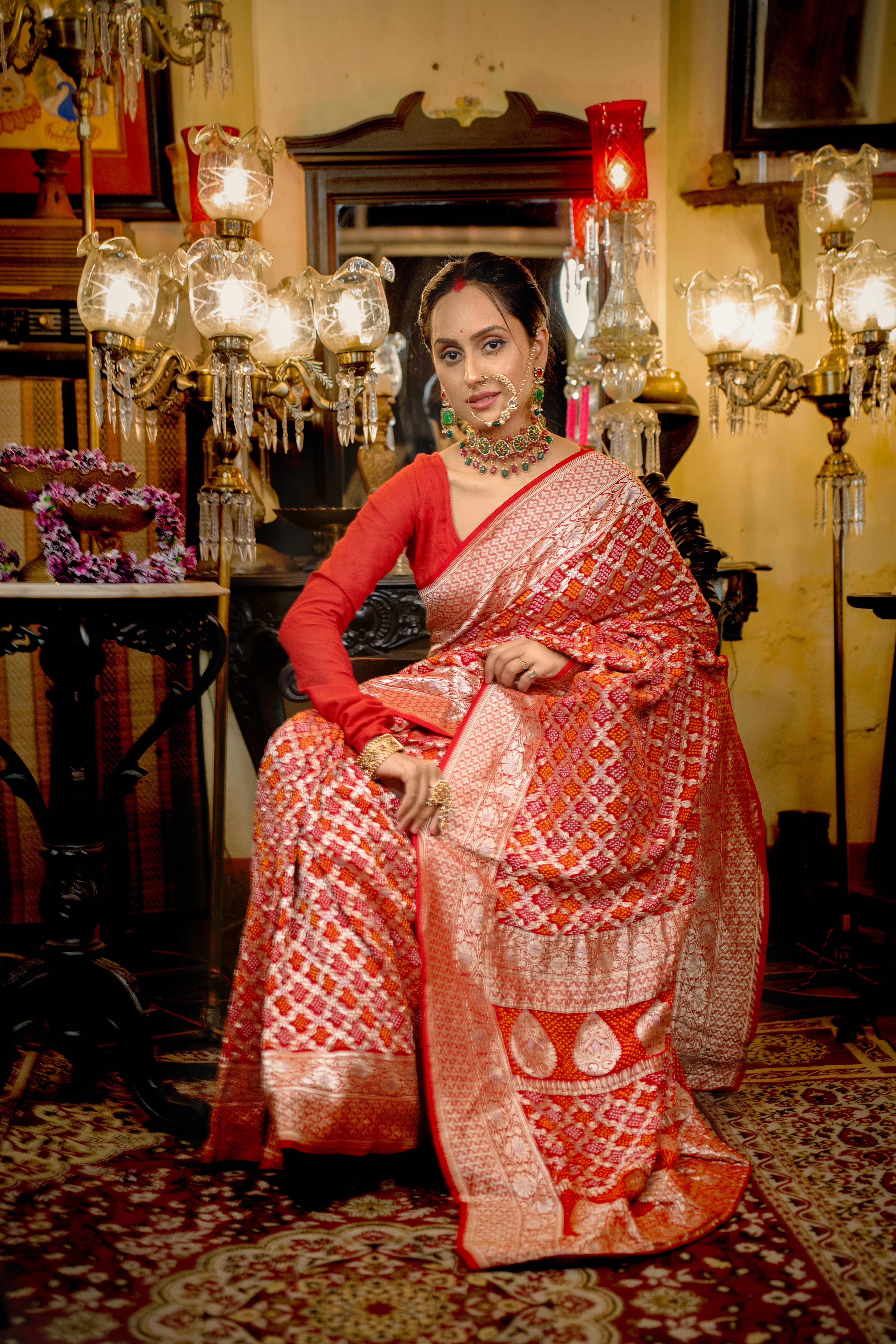 Yaman: Red Pure Gajji Silk Bandhani with Kadwa Zari | Self with Handwork