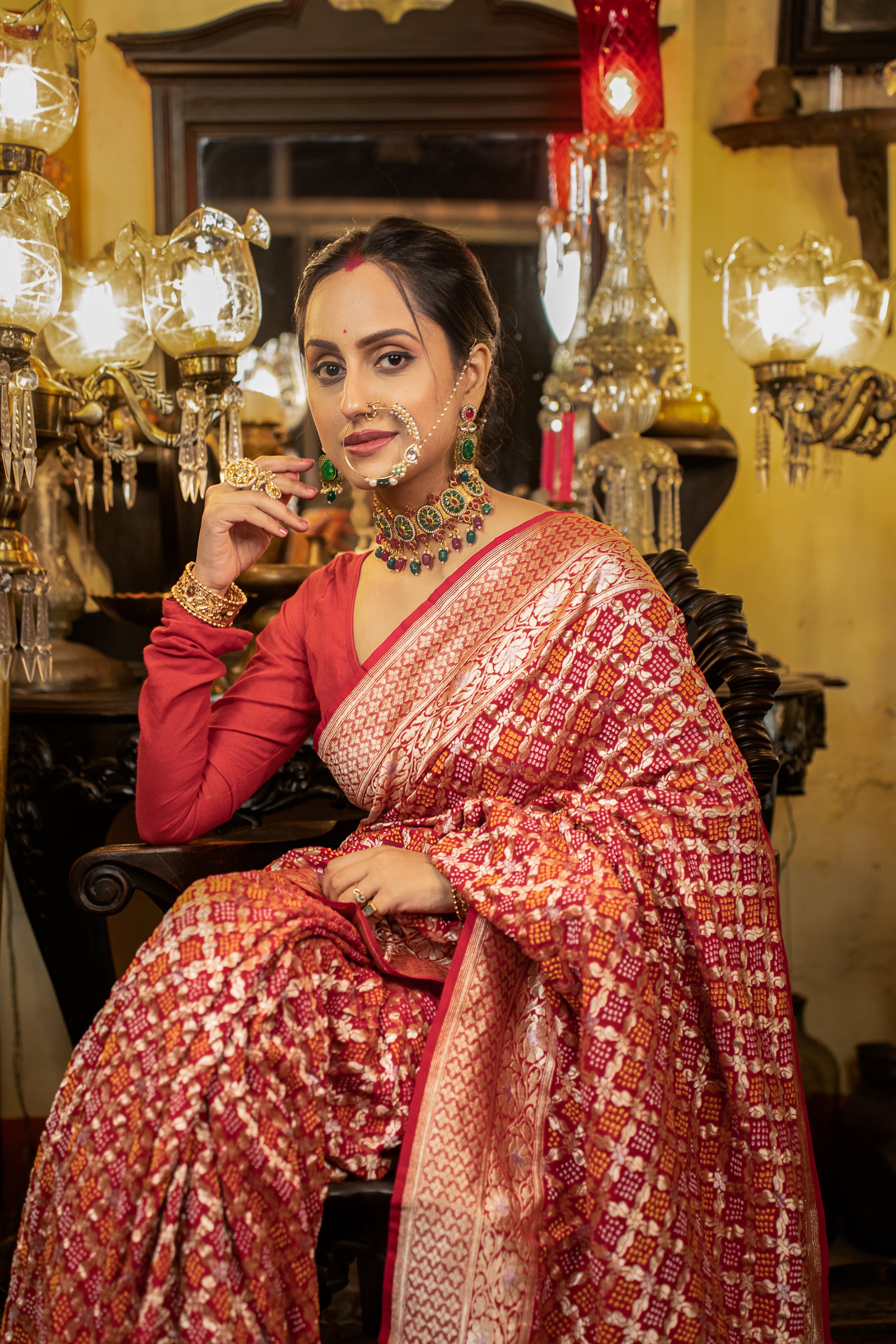 Yaman: Red Pure Gajji Silk Bandhani with Kadwa Zari | Self with Handwork