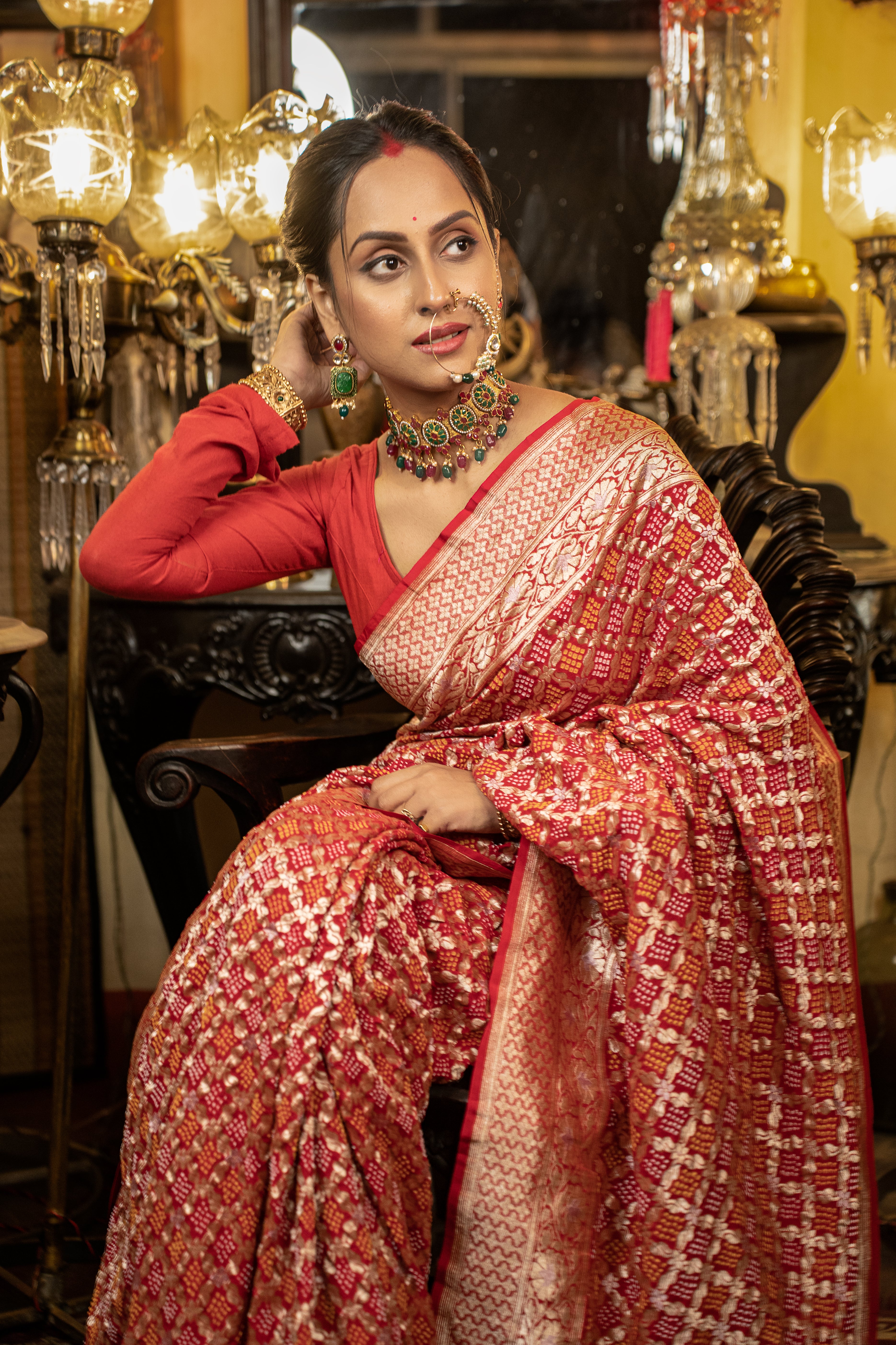 Yaman: Red Pure Gajji Silk Bandhani with Kadwa Zari | Self with Handwork