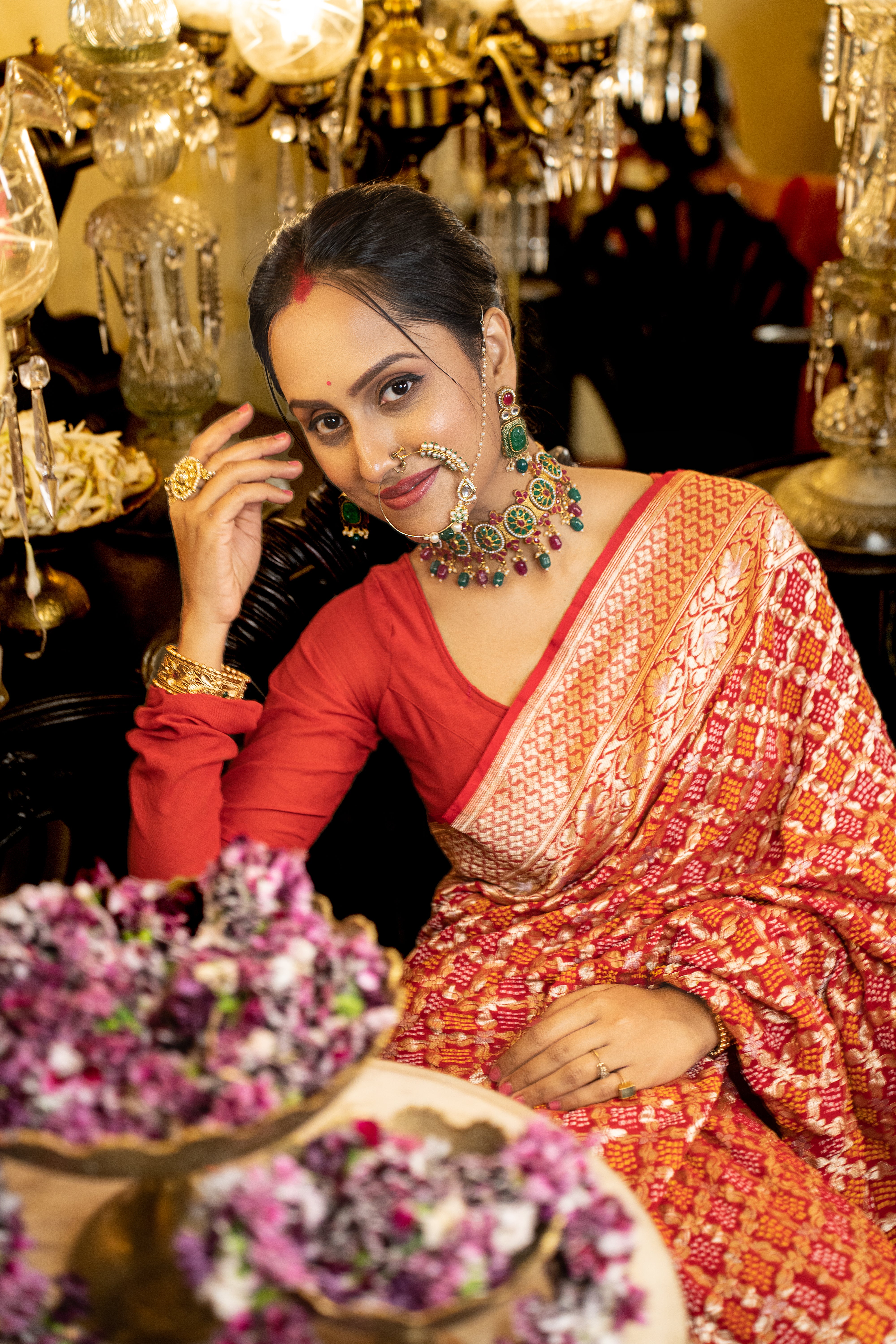 Yaman: Red Pure Gajji Silk Bandhani with Kadwa Zari | Self with Handwork