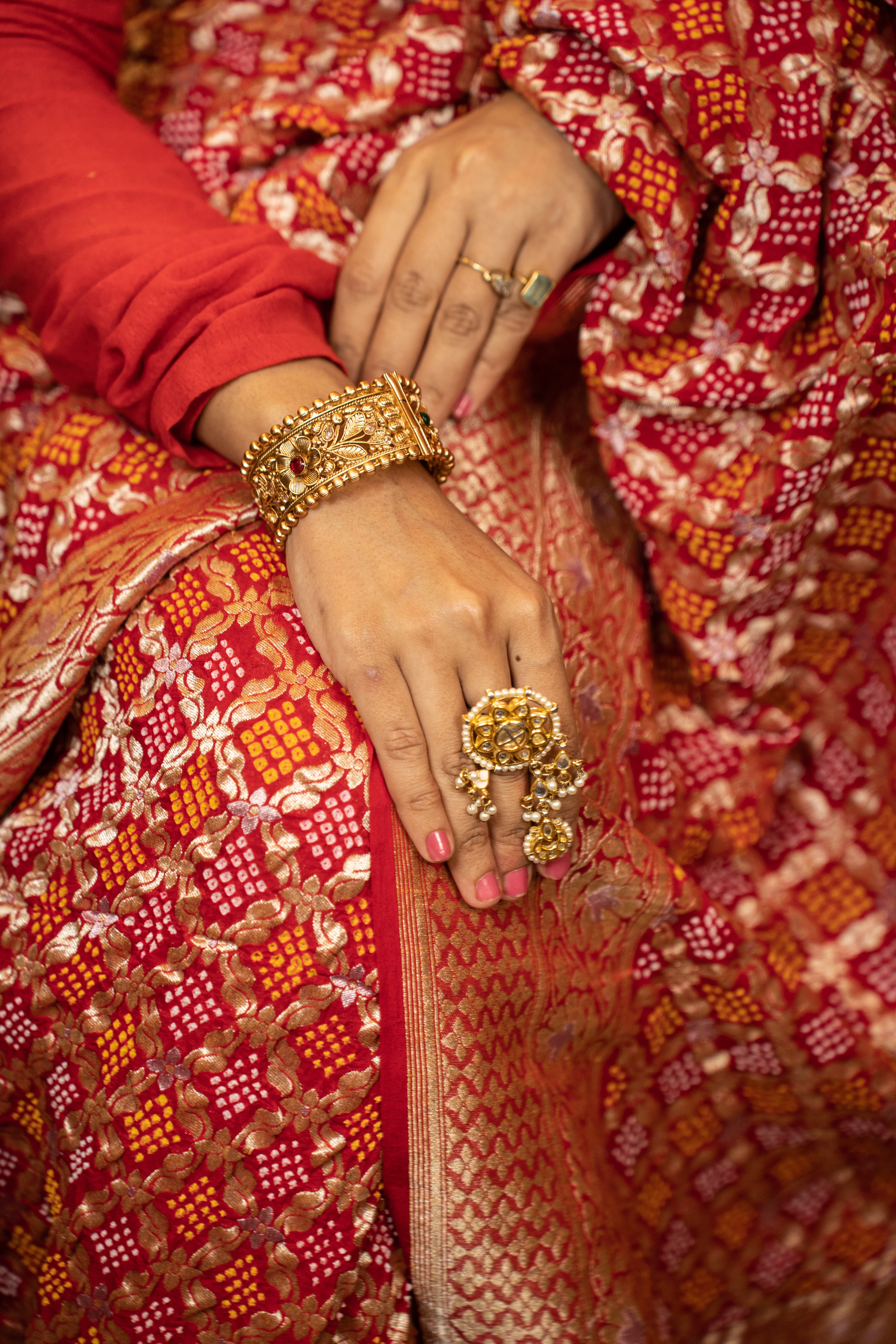 Yaman: Red Pure Gajji Silk Bandhani with Kadwa Zari | Self with Handwork