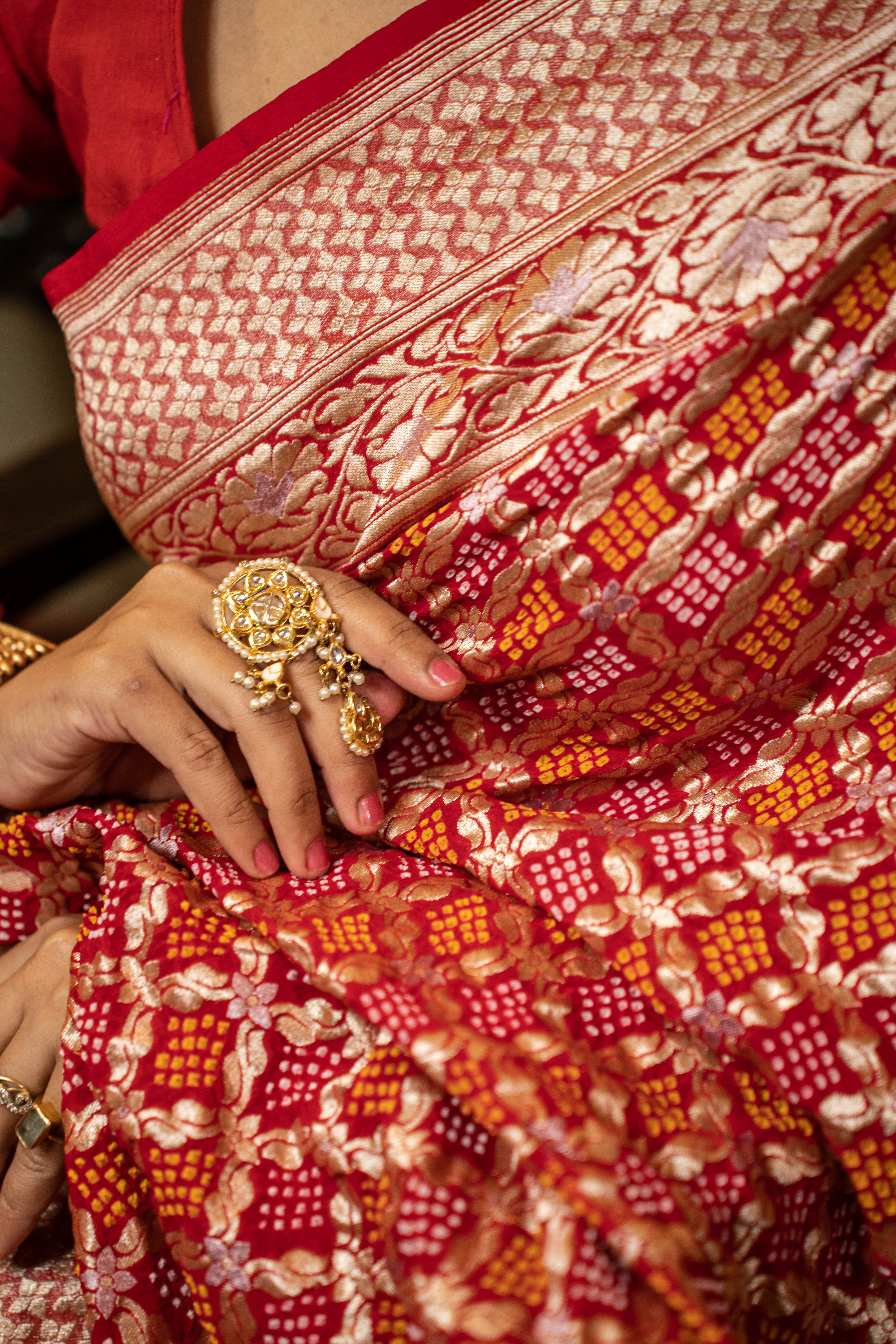 Yaman: Red Pure Gajji Silk Bandhani with Kadwa Zari | Self with Handwork