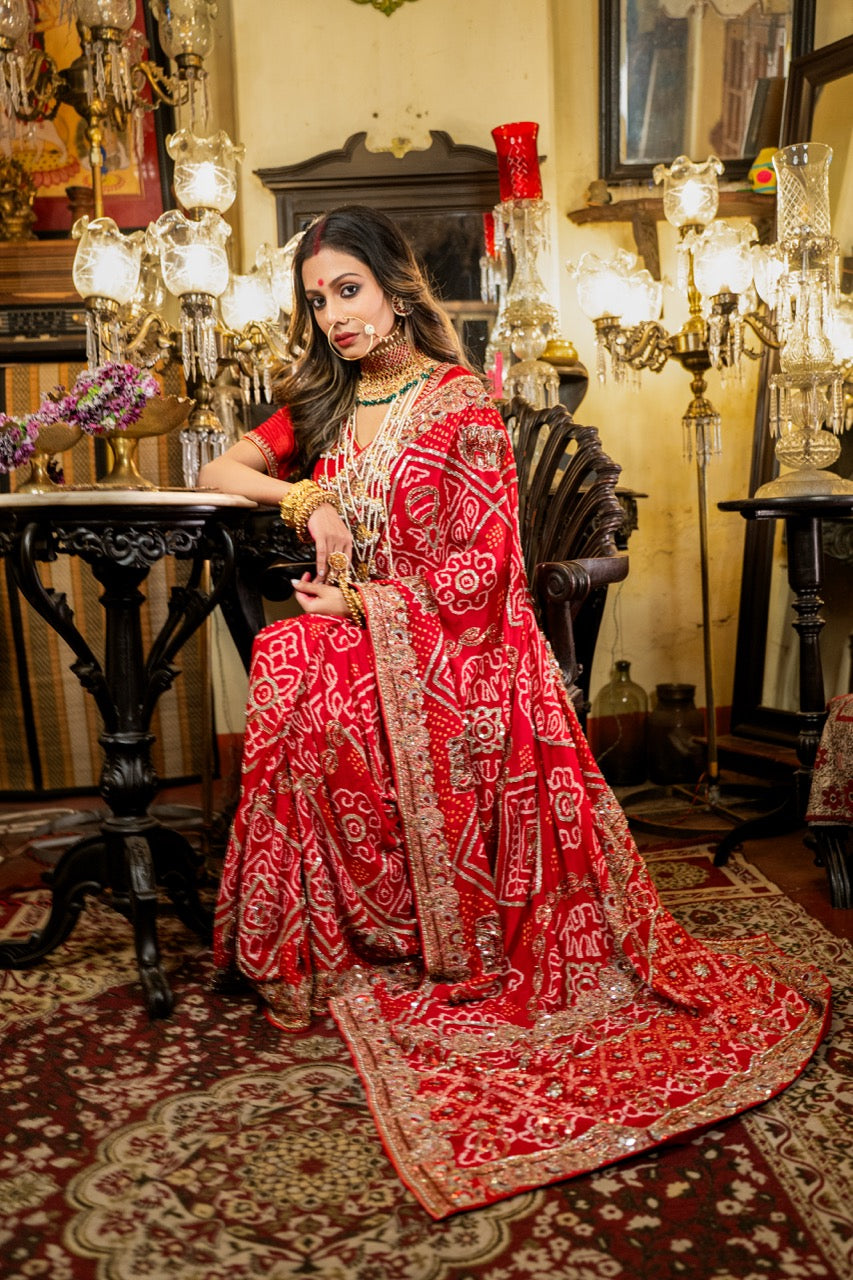 Dulhan: Red Pure Silk Bandhani with handwork | Self Blouse with handwork