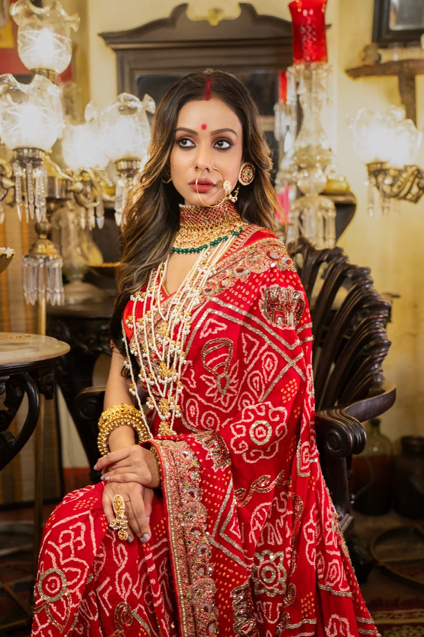 Dulhan: Red Pure Silk Bandhani with handwork | Self Blouse with handwork