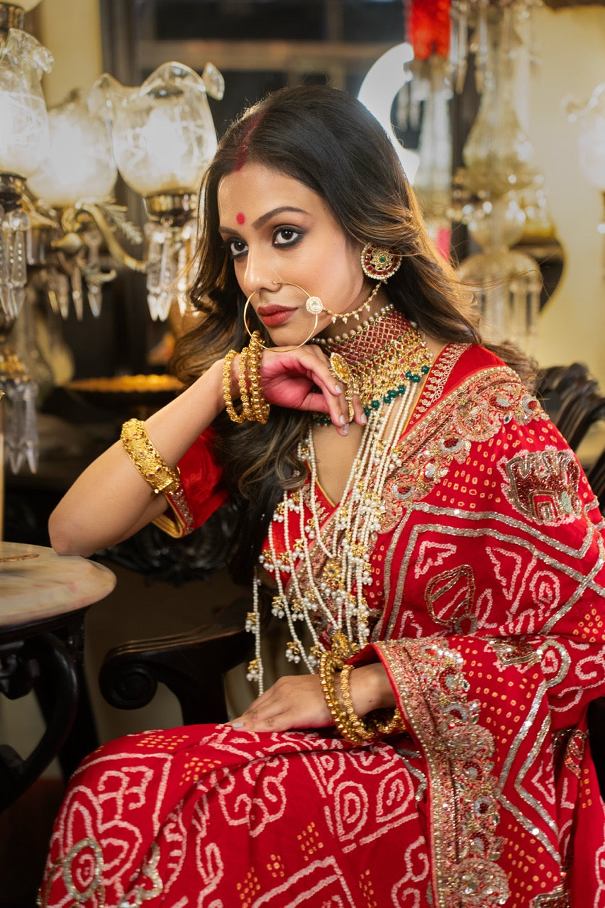 Dulhan: Red Pure Silk Bandhani with handwork | Self Blouse with handwork