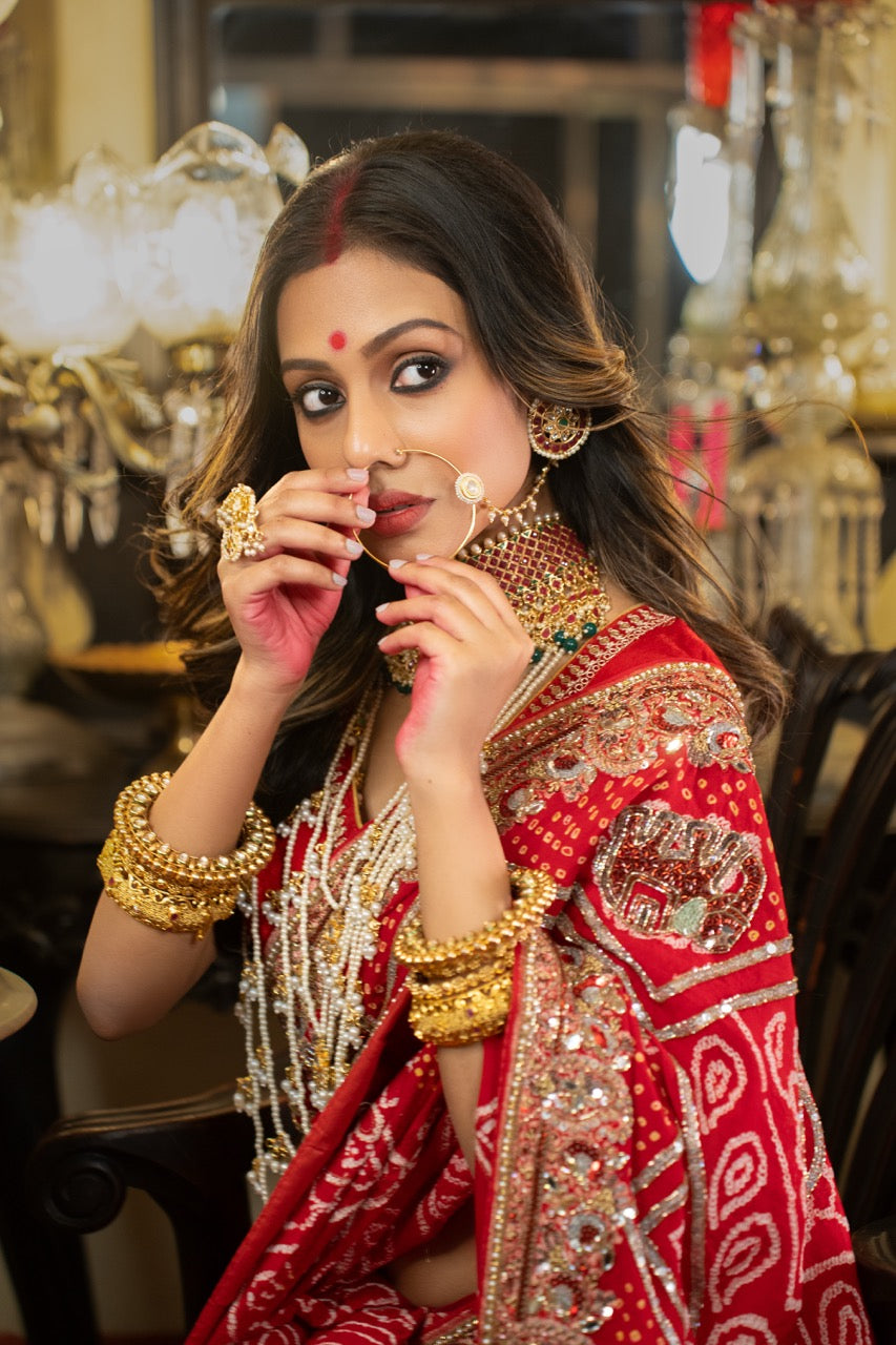 Dulhan: Red Pure Silk Bandhani with handwork | Self Blouse with handwork