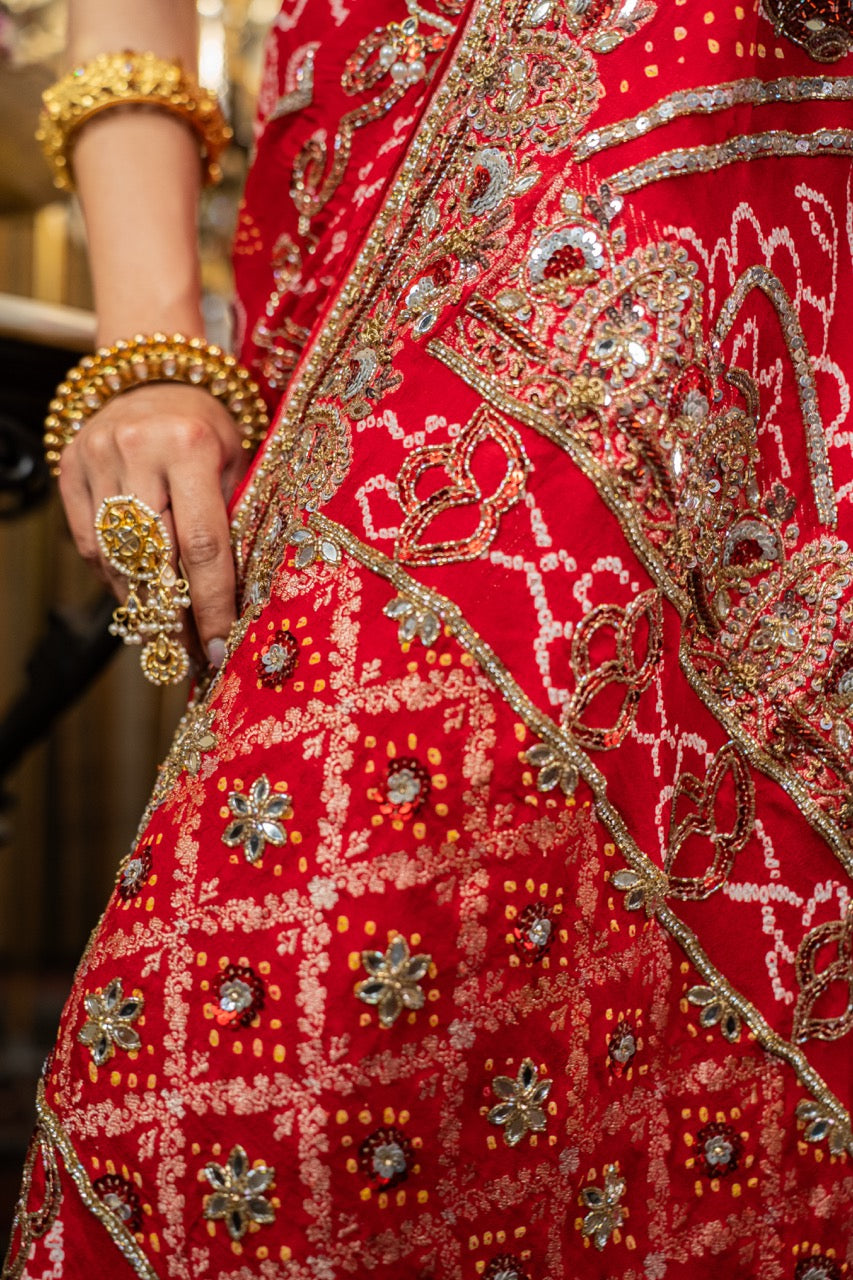 Dulhan: Red Pure Silk Bandhani with handwork | Self Blouse with handwork