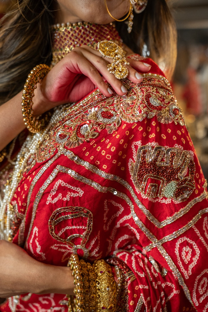 Dulhan: Red Pure Silk Bandhani with handwork | Self Blouse with handwork