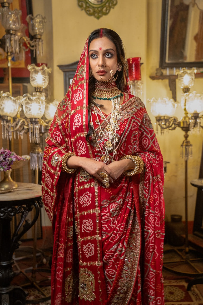 Dulhan: Red Pure Silk Bandhani with handwork | Self Blouse with handwork