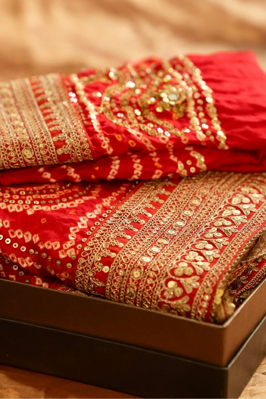 Ishq: Red Pure Silk Bridal Bandhani Saree with handwork| Self Blouse with Handwork