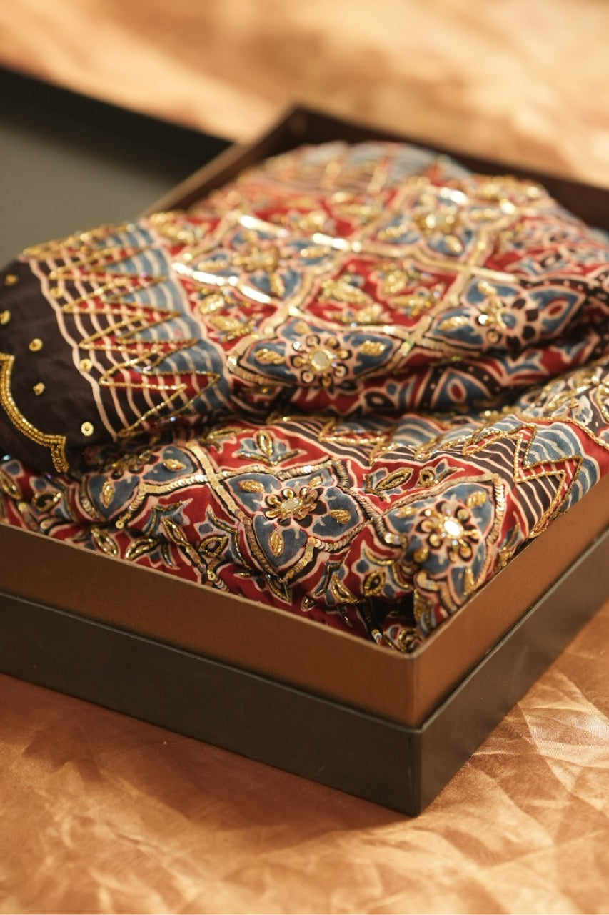 Kaleidoscope: Red and Blue Ajrakh Hand Block Print Saree on Modal Satin with Handwork | Self Blouse with Handwork